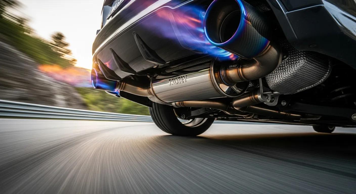 Close-up of a vehicle's exhaust system emitting sound in a dynamic driving scene