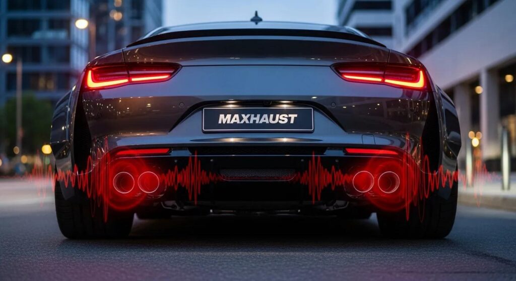 Modern car from the outside. Shot focuses on the rear with Maxhaust written on the license plate and sound waves emitting from the exhaust